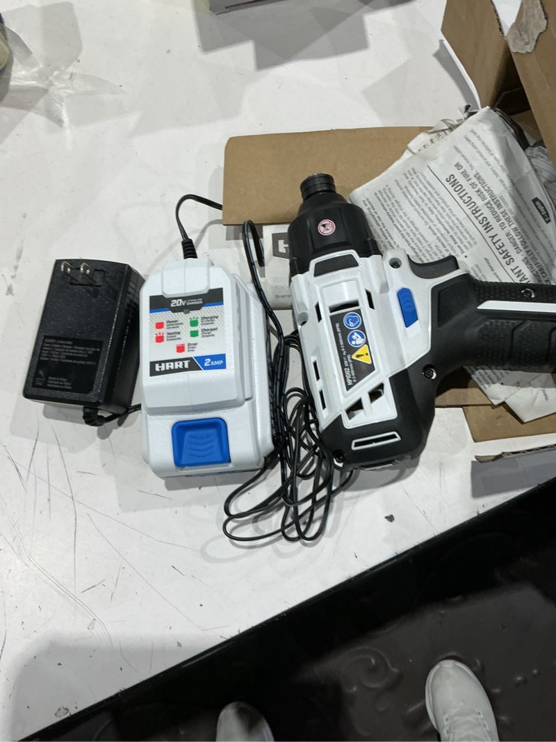 Condition photo showing As Is for hart 20-volt cordless 1/4" hex chuck impact driver kit, (2) 1.5ah lithium-ion batteries, gen 2