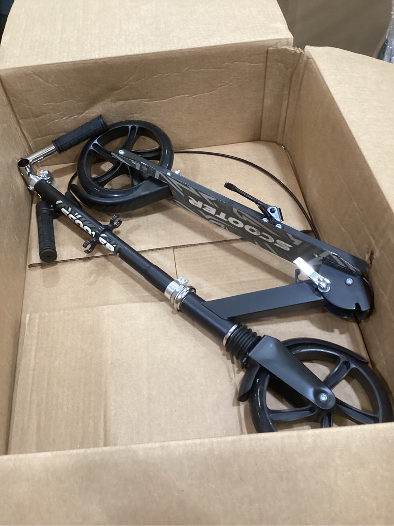 Condition photo showing As Is for kick scooter for ages 6+, kids, teens & adults. max load 240 lbs. 8in big wheels for kids, teens & adults, 3 adjustable levels black