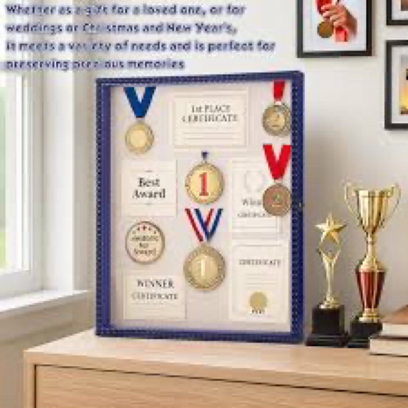 Shadow Box Frame 16x20 Deep Large Shadow Box Display Case with Beads Door and Glass Window, Christmas Wood Memory Case for Keepsakes Pictures Medals Photos Tickets Memorial Items(Navy Blue)