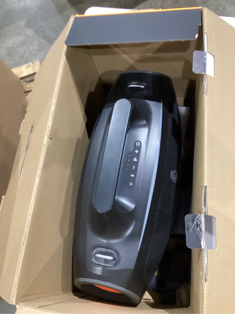 Condition photo showing As Is for skullcandy barrel bluetooth boombox speaker – water-resistant wireless portable speaker, with led lightshow mode, 12 hour battery, multi-link, & usb-c & usb-a output charging black
