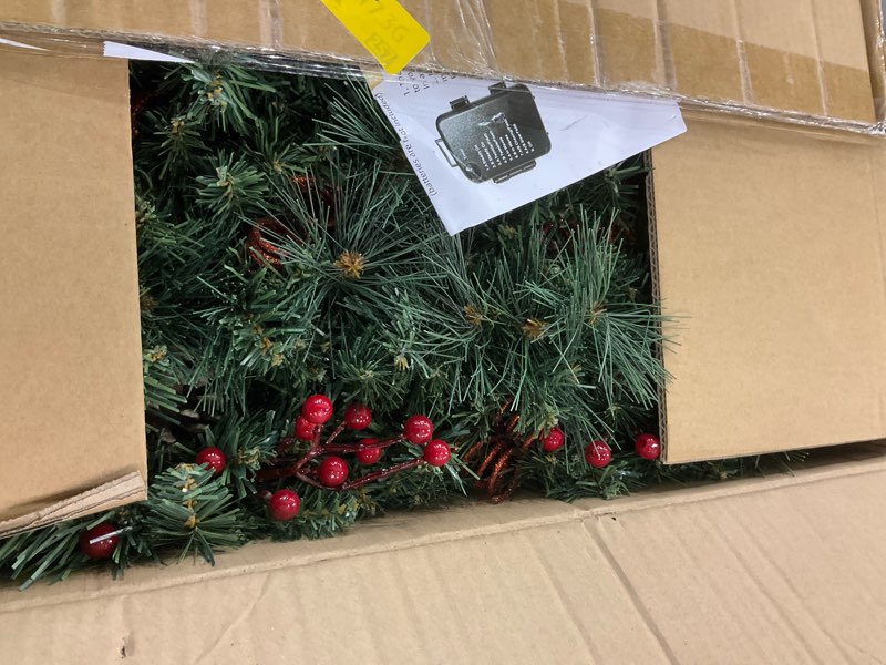 Condition photo showing As Is for HOYECHI Set of 2 Prelit Christmas Garlands - 9FT Each with 50 LED Lights & Red Berries, Battery Powered with 8 Lighting Modes, Holiday Garland for Stairs, Fireplace, Door Frame 2 Piece Dark Green