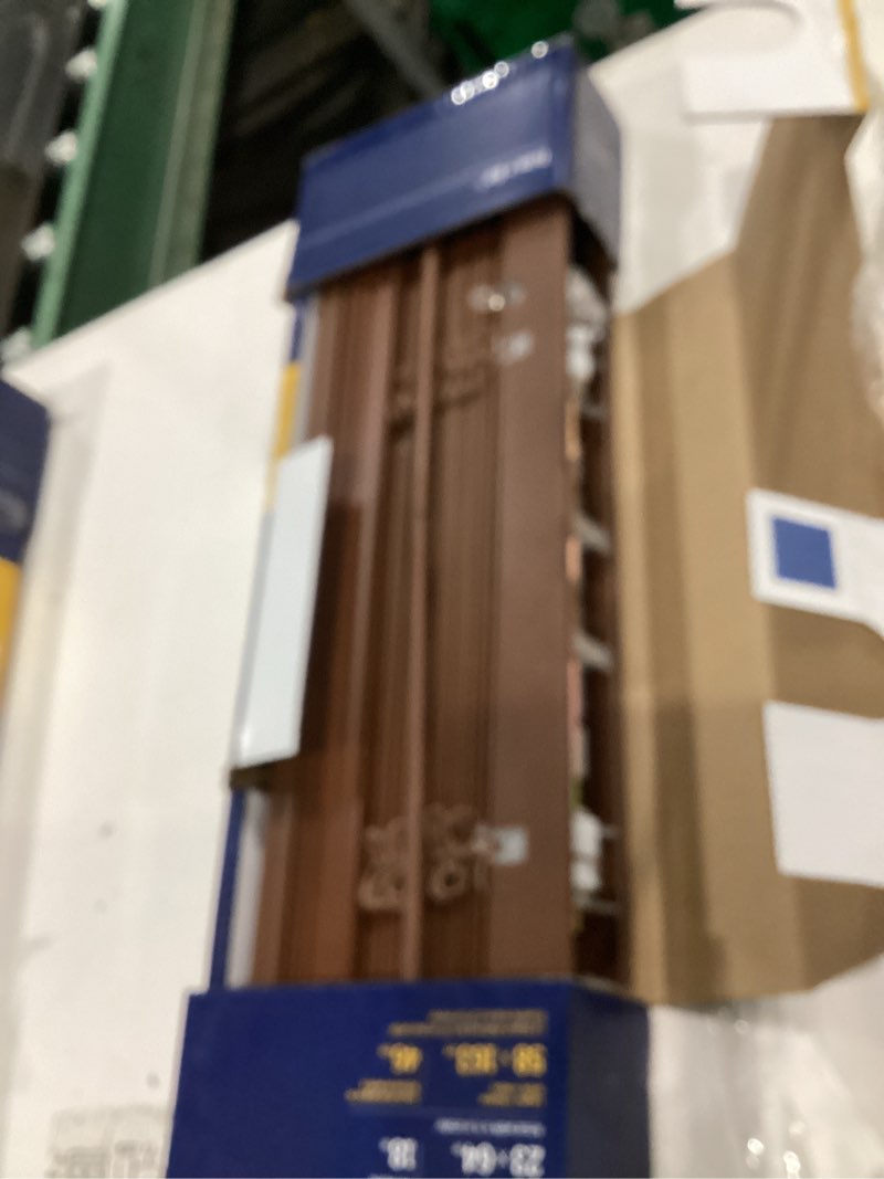 Condition photo showing As Is for levolor trim+go 2-in slat width 23-in x 64-in cordless walnut faux wood room darkening full-view standard horizontal blinds