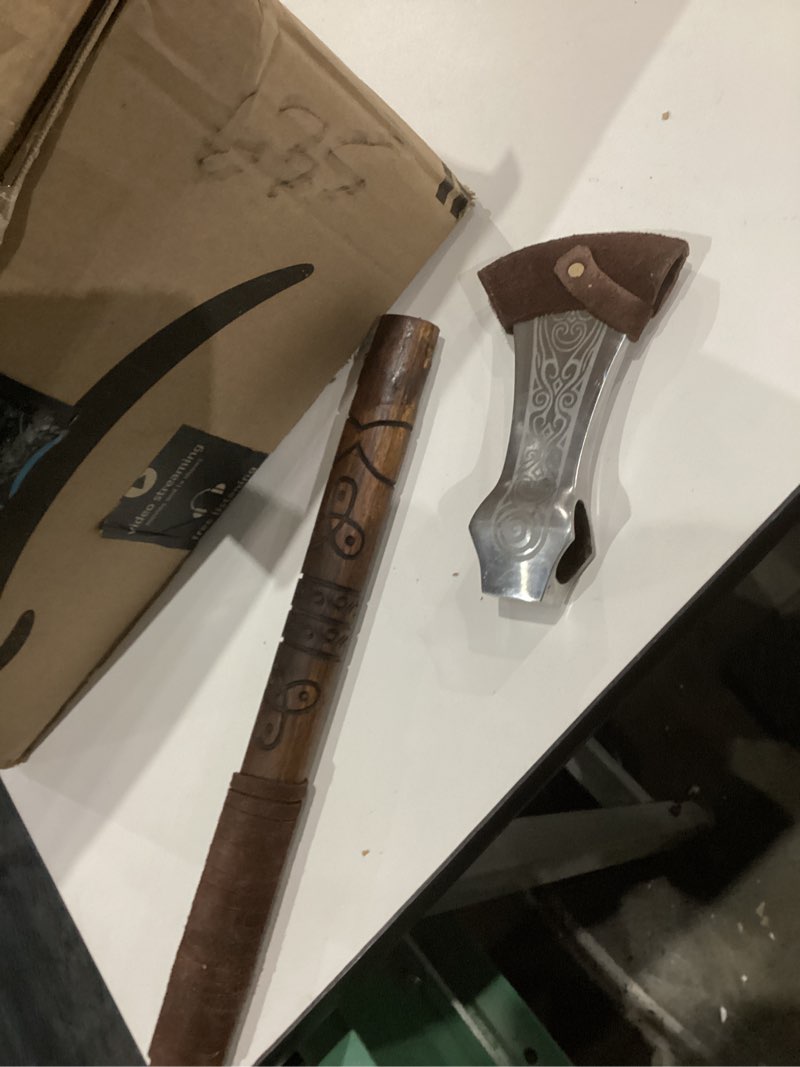 Condition photo showing As Is for Norse Tradesman Viking Hand-Engraved Axe – EN45 High Carbon Steel, 16.5” Teak Handle, Genuine Leather Wrap – Historically Inspired Norse Design