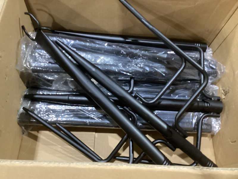Condition photo showing As Is for 6 pack 9ft string light poles for outdoor,metal lights hanging pole outside with fork,light stand for patio, pergola, garden, backyard, yard, camping party