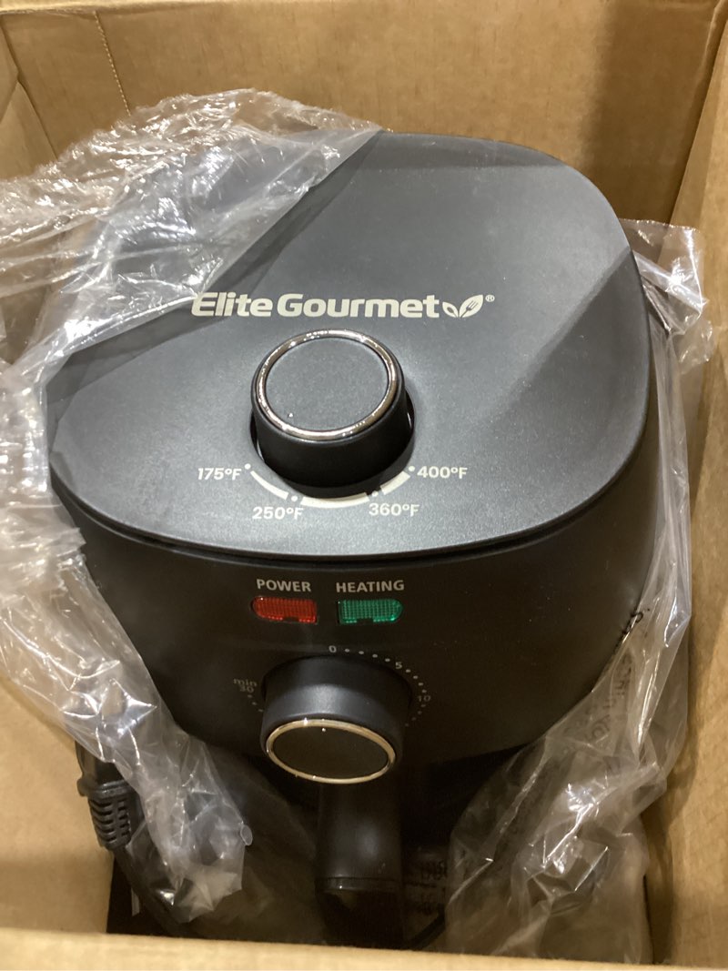 Condition photo showing Good Condition for elite gourmet glass air fryer, 2.4 qt compact size for 1–2 people, pfas-free ceramic & glass basket, visible cooking, adjustable temp 175–400°f, 1150w, black 2.4 quart