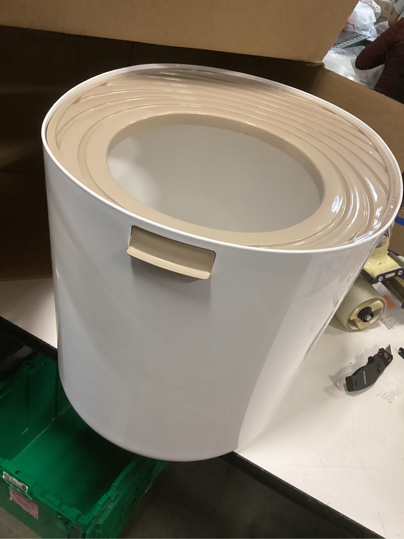 Condition photo showing As Is for iris usa cat litter box, large top entry with litter catching lid and scoop, dog proof, cat box enclosure, beige/white
