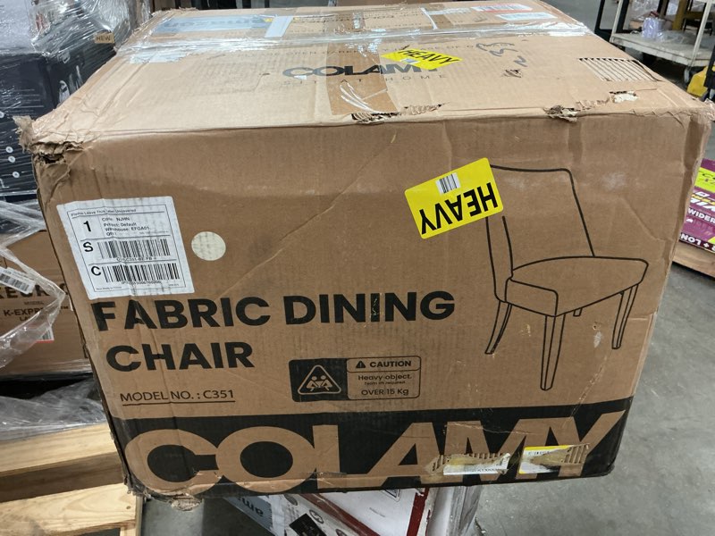 Condition photo showing As Is for COLAMY Upholstered Dining Chairs Set of 6, Mid Century Modern Kitchen Chairs with Back, Farmhouse Fabric Side Dining Room Chairs with Wood Legs for Dining Room Restaurant, Beige Upholstered Dining Chairs Beige Set of 6