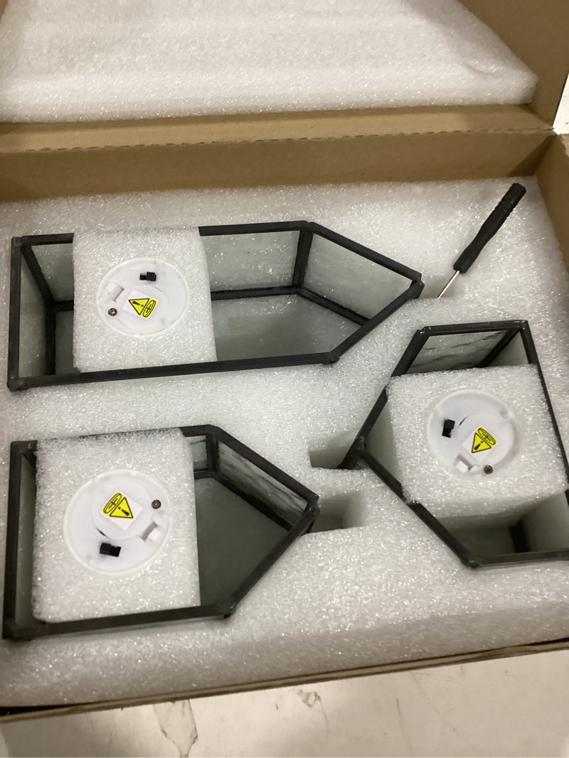 Condition photo showing Good Condition for glass candle holder set of 3, gold metal & textured glass house-shaped candle holders for elegant home decor, wedding table decor, mantel & living room accents