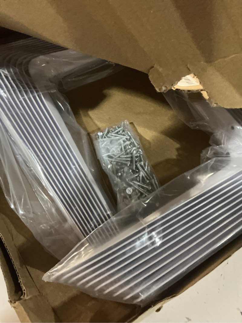 Condition photo showing New/Like New for shelf brackets 10 inch, 20 pack white metal heavy duty l adjustable floating shelves bracket, 10 x 8 inch industrial pipe decorative shelf angle bracket for wall with screws