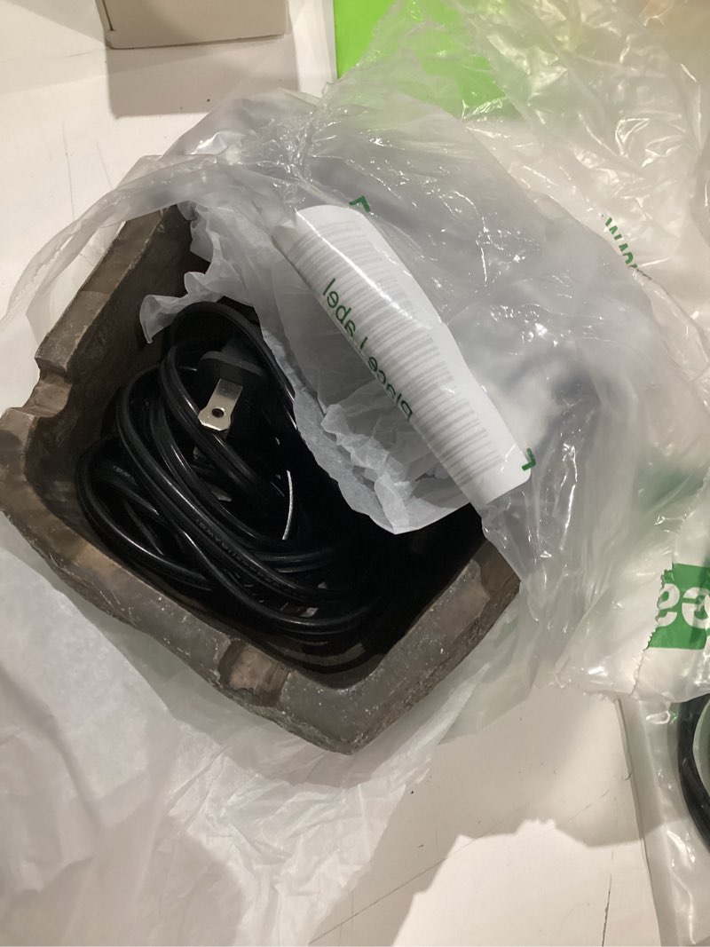 Condition photo showing As Is for incomplete saillong bird bath water fountain, granite air pump rock with pump for bird, rock waterfall fountain, feeder, aquariums, fish tank (with electric power source)
