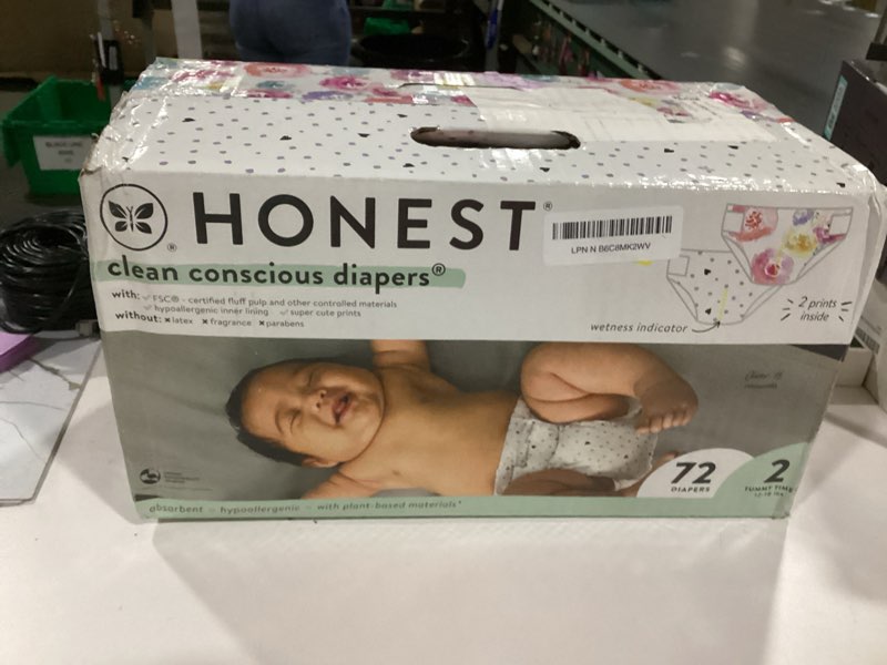 Condition photo showing New/Like New for The Honest Company Comfort Dry Disposable Diapers for Sensitive Skin, Hypoallergenic, Rose Blossom + Tutu Cute, Club Box Size 2 (12–18 lbs), 72 Count Size 2 (72 Count) Rose Blossom + Tutu Cute