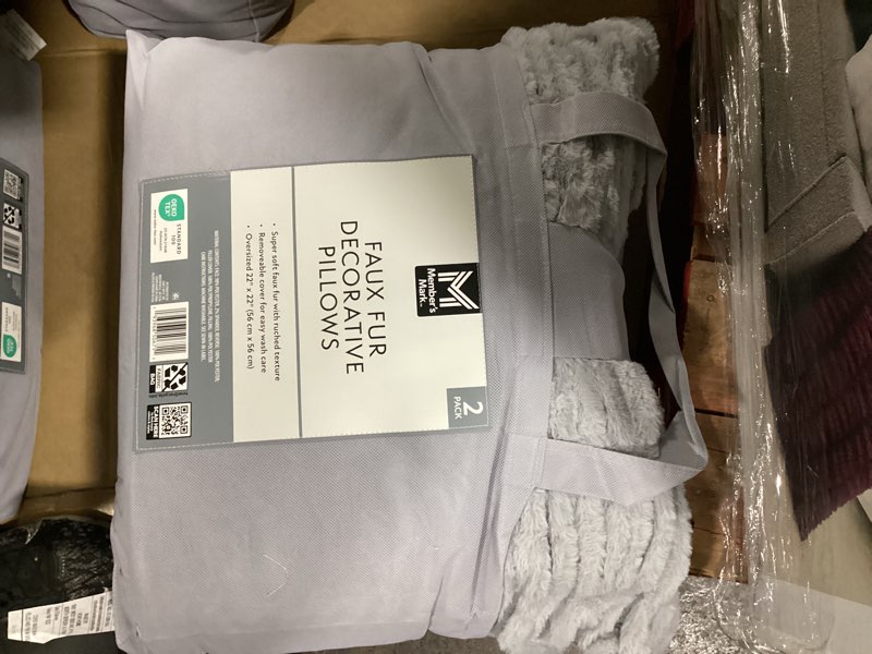 Condition photo showing New/Like New for member's mark 2-pack ruched faux fur decorative pillows, 22" x 22" gray