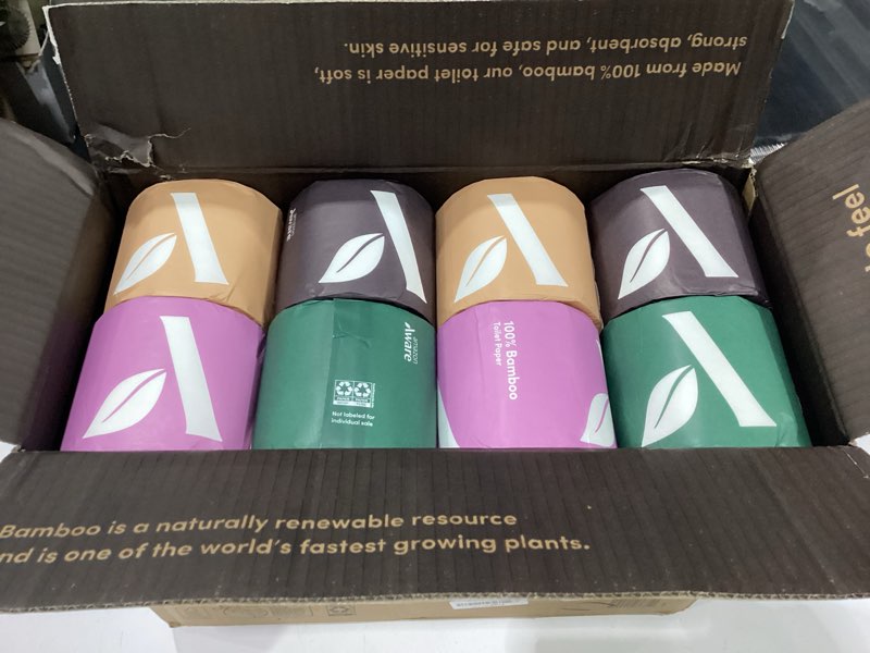 Condition photo showing New/Like New for amazon aware bamboo 3-ply toilet paper, unscented, 24 rolls, fsc certified, 350 sheets, 8400 count, pack of 24, plastic-free