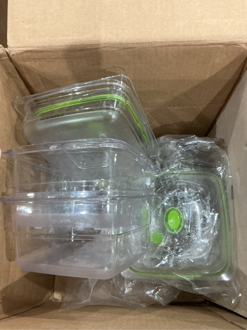Condition photo showing As Is for vakuen premium airtight food storage containers mega 8p/set. total 46.11cup, 7pcs container and vacuum sealer. smart one-click seal lid, patented double silicone lining, 100% leak proof, bpa-free ot-mega set/8p