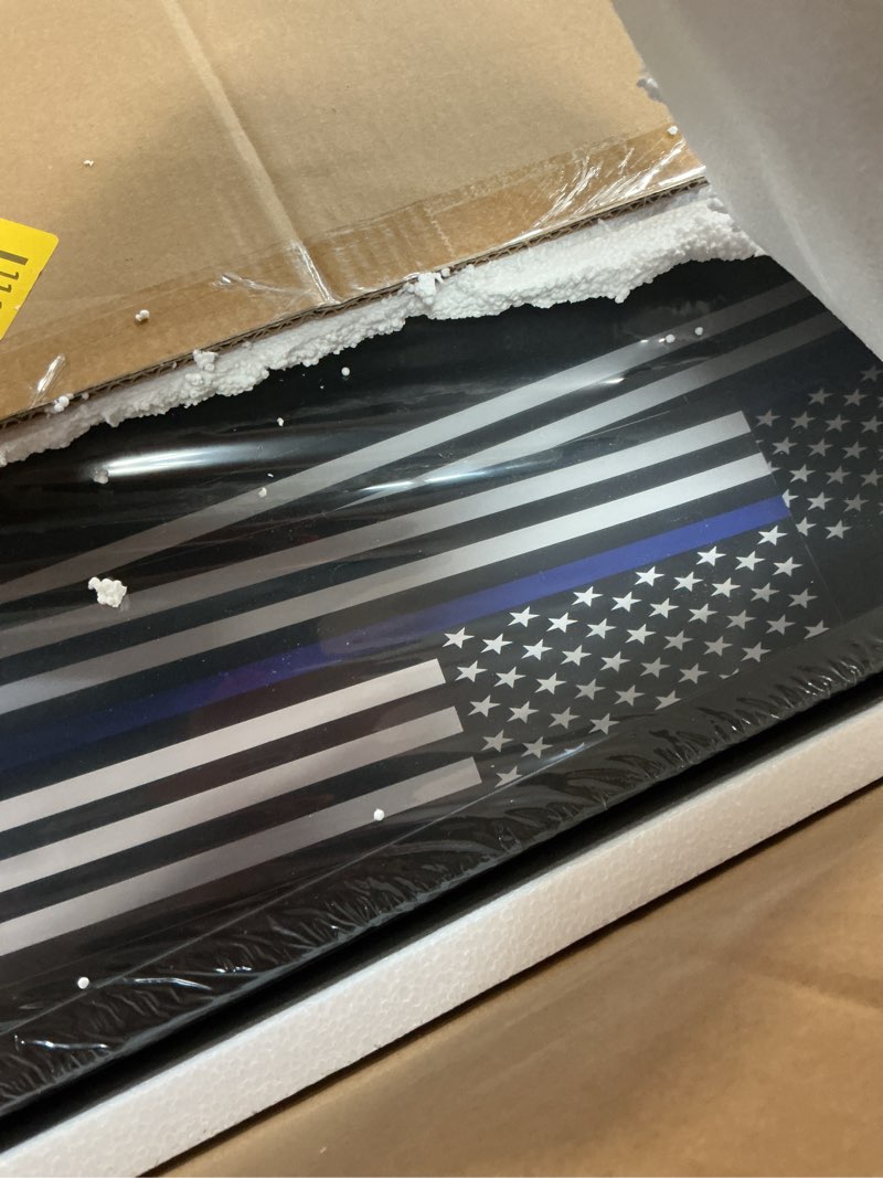 Condition photo showing New/Like New for police gear rack, police hanger with hooks, tactical duty gear rack decor with thin blue line flag, black body armor stand for police gift wall mounted police gear rack