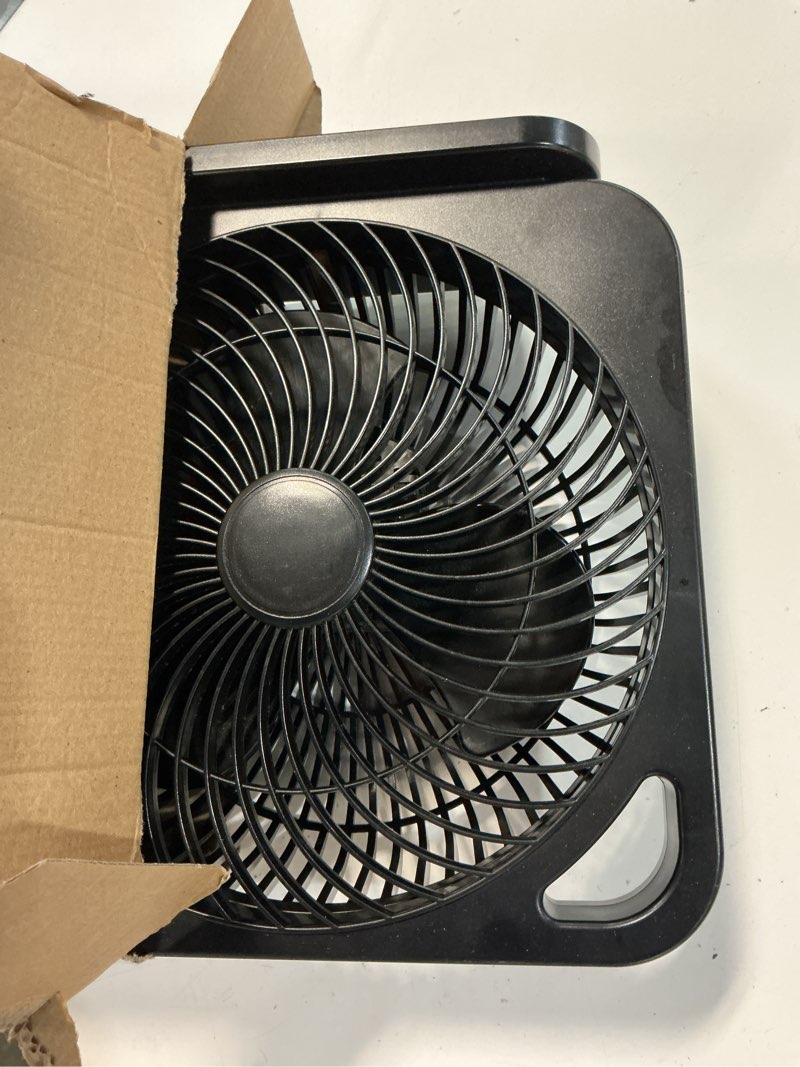 Condition photo showing As Is for mainstays 9\" 3-speed indoor personal table black electric fan, portable handle, white, model#fn2006w