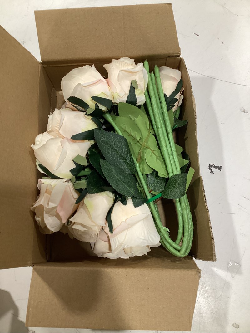 Condition photo showing Good Condition for 12pcs realistic fake cream roses faux flowers with long stems, artificial silk rose flowers for valentines day home wedding decor bridal bouquet