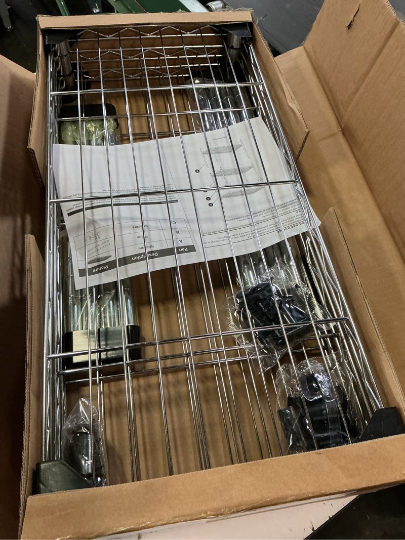 Condition photo showing As Is for izeuk 3 tier heavy duty steel storage shelves, metal shelf wire shelving rack for pantry, kitchen, cloakroom or office organization (11.8" d x 25.6" w x 31.5" h, 750lbs, chrome) chrome 3 tier, 11.8" d x 25.6" w x 31.5" h