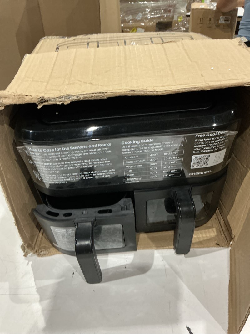 Condition photo showing As Is for chefman turbofry touch dual air fryer, maximize the healthiest meals with double basket capacity, one-touch digital controls and shake reminder for the perfect crispy and low-calorie finish 9 quart - no window