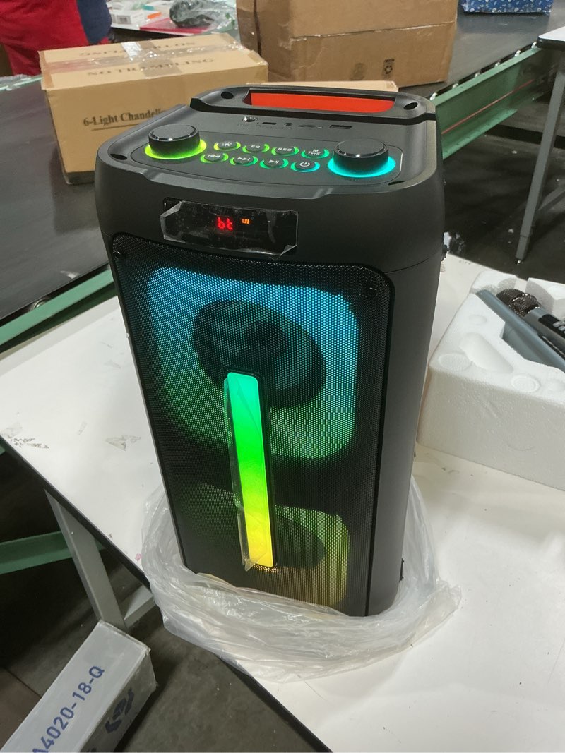 Condition photo showing Good Condition for karaoke machine for adults, portable bluetooth speaker with 2 wireless microphones, pa system with disco lights for big party, outdoor, supports usb/tf/rec/fm/aux, ideal gifts for family, music lover