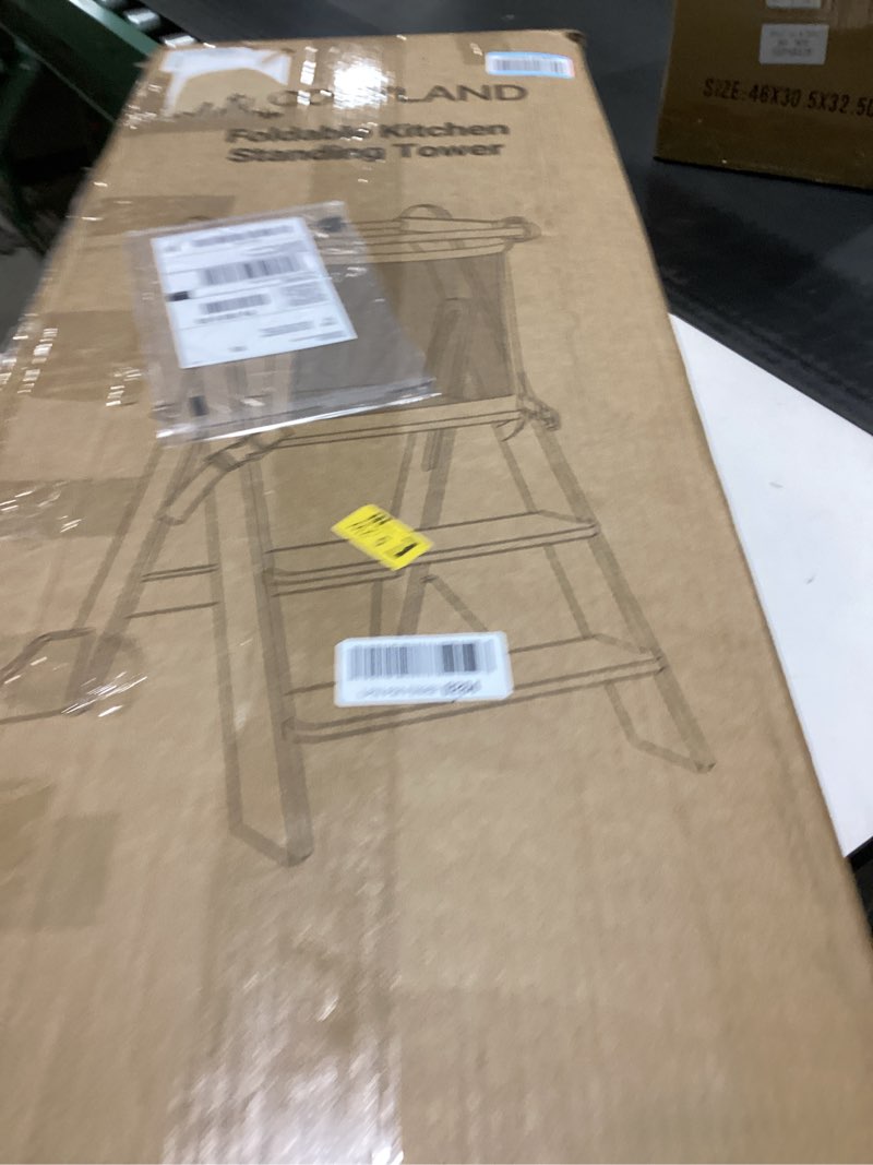 Condition photo showing New/Like New for COSYLAND Pre-Assembled Foldable Toddler Kitchen Stool Helper – Toddler Standing Tower with Safety Net, Adjustable Heights & Anti-Tip Feet for Safe Kitchen Fun(Natural & White)