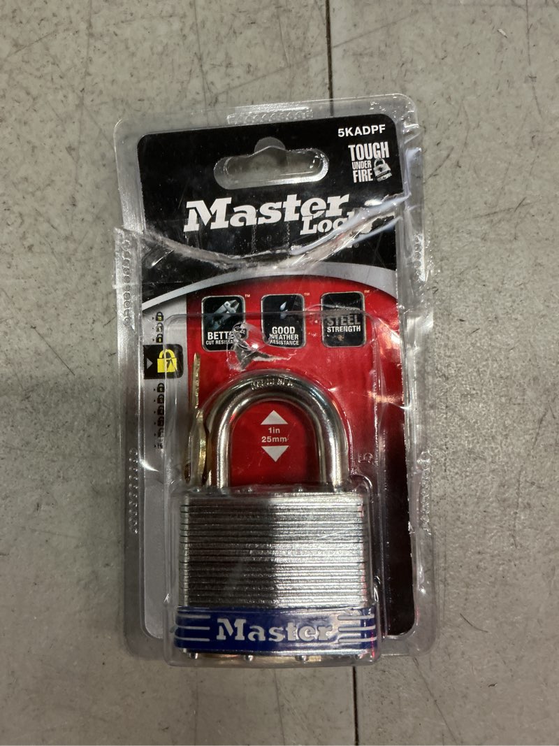 Condition photo showing New/Like New for master lock outdoor keyed padlock, 2-in wide x 1-in shackle