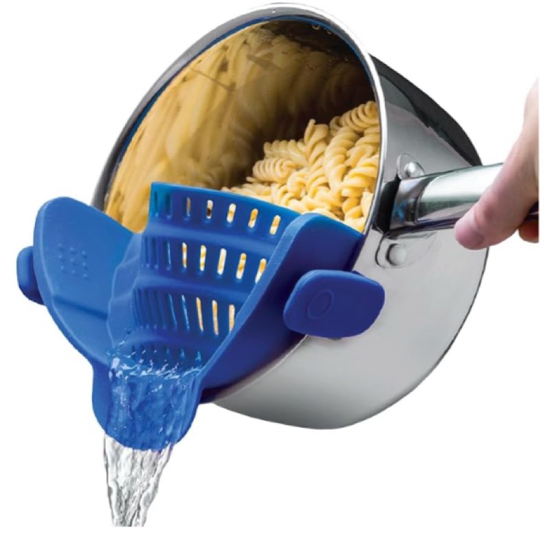 Kitchen Gizmo Snap N' Strain - Silicone Clip-On Strainer for Pots, Pans, and Bowls - Heat-Resistant Kitchen Gadgets, Essential Colander Drainer for Vegetables and Pasta - 7.87x2.76x4.53-Inch (Blue)