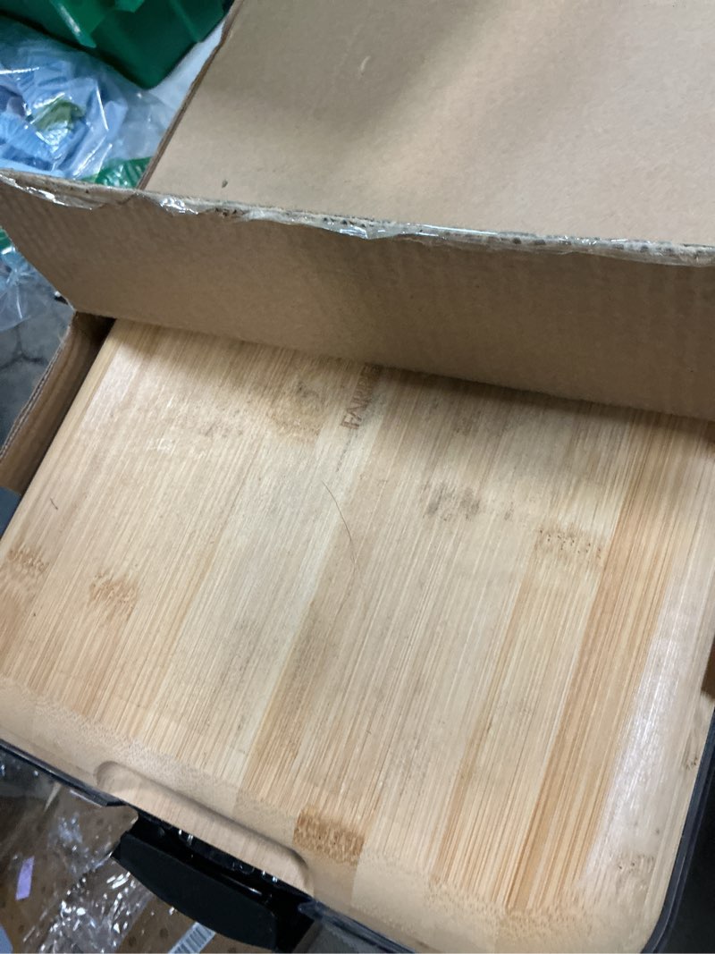 Condition photo showing As Is for Farberware Build-A-Board Bamboo Cutting Board with Built-In Compartments & Clear Locking Lid, Black Handles – Charcuterie, Snack Tray, Food Prep and Serving Platter Bamboo 6 Compartments