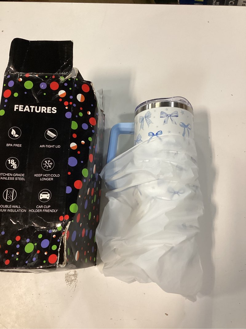 Condition photo showing Good Condition for ceovfoi 40 oz blue bow tumbler with handle, blue bow decor coffee travel mug cup water bottle, gifts for women girls