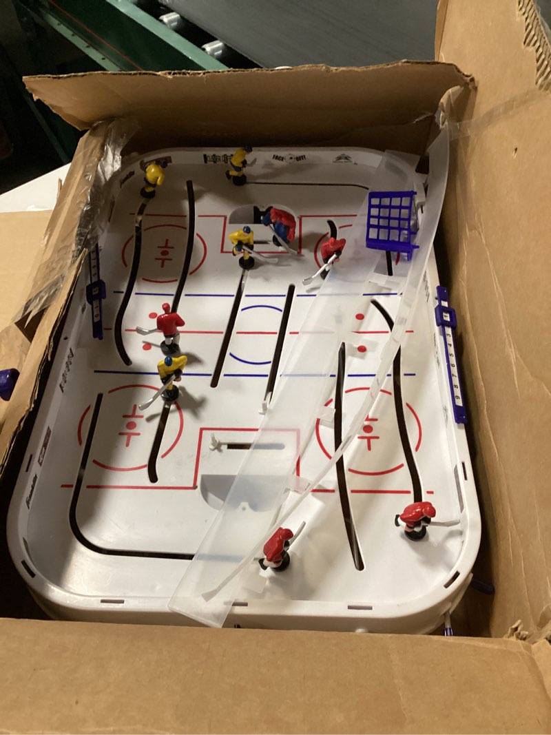 Condition photo showing As Is for Franklin Sports Table Top Rod Hockey Game Set - Perfect Hockey Toy + Gameroom Game for Kids + Family - Mini Tabletop Rod Hockey Board + Pucks Included