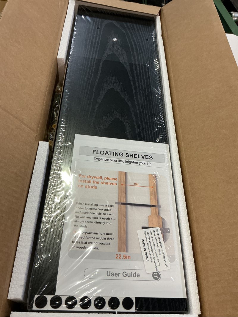 Condition photo showing New/Like New for bayka floating shelves for wall, 22.5 inches wall mounted rustic wood shelves for bathroom, bedroom, living room, floating shelves for books/storage/decor (black,set of 3) a. black - universal classic style 3 22.5inches