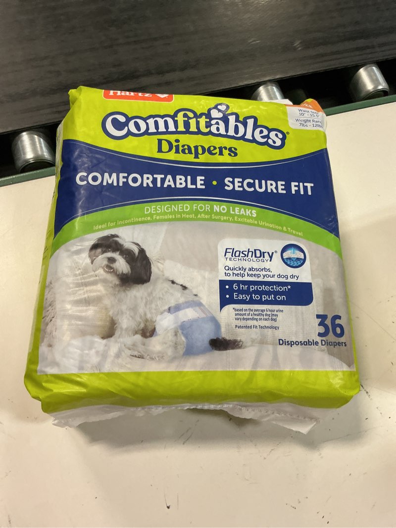 Condition photo showing New/Like New for hartz disposable dog diapers, size s 36 count, comfortable & secure fit, easy to put on value pack small