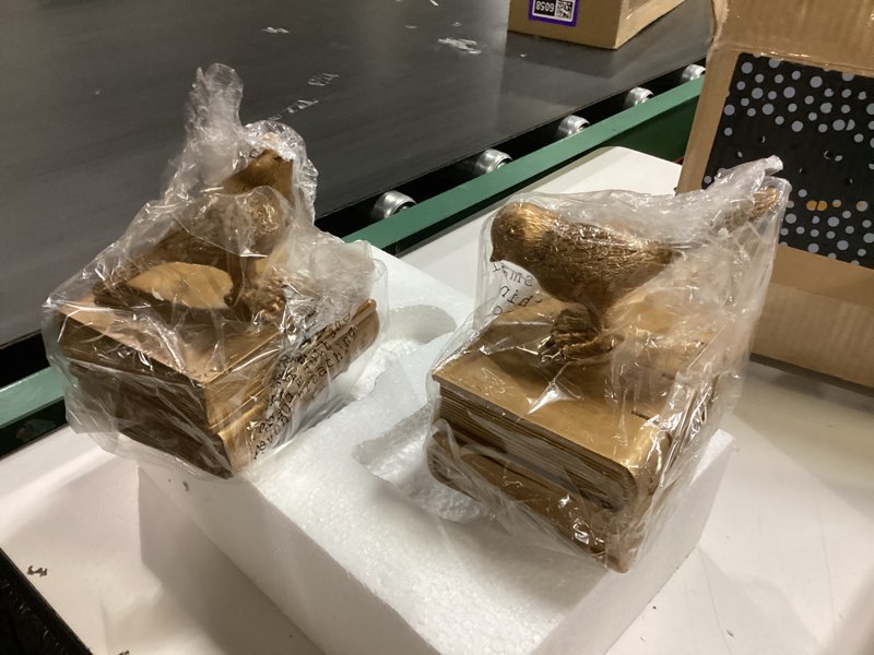 Condition photo showing New/Like New for (gild) mygift resin decorative bookends for heavy books with bird and book design, farmhouse book ends, vintage gold bookends, 1 pair