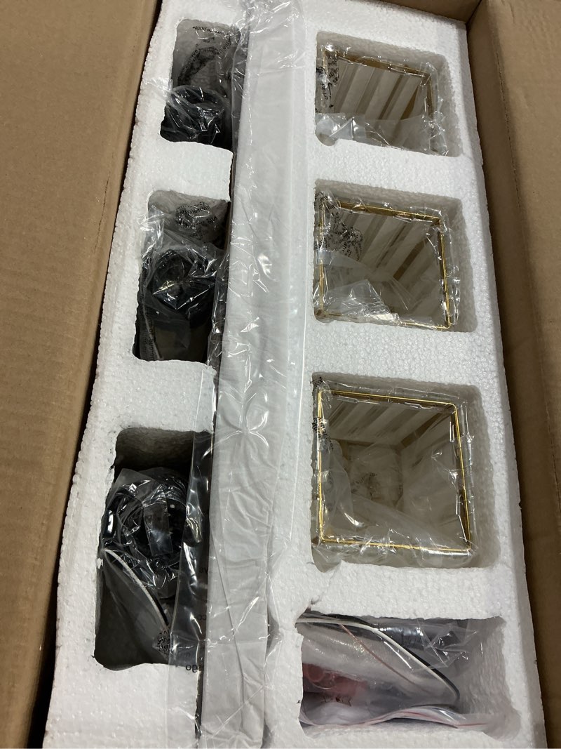 Condition photo showing New/Like New for crystal bathroom vanity light gold chrome 3-light modern bathroom lighting fixtures over mirror square wall sconce gold chrome-square shade 3-light