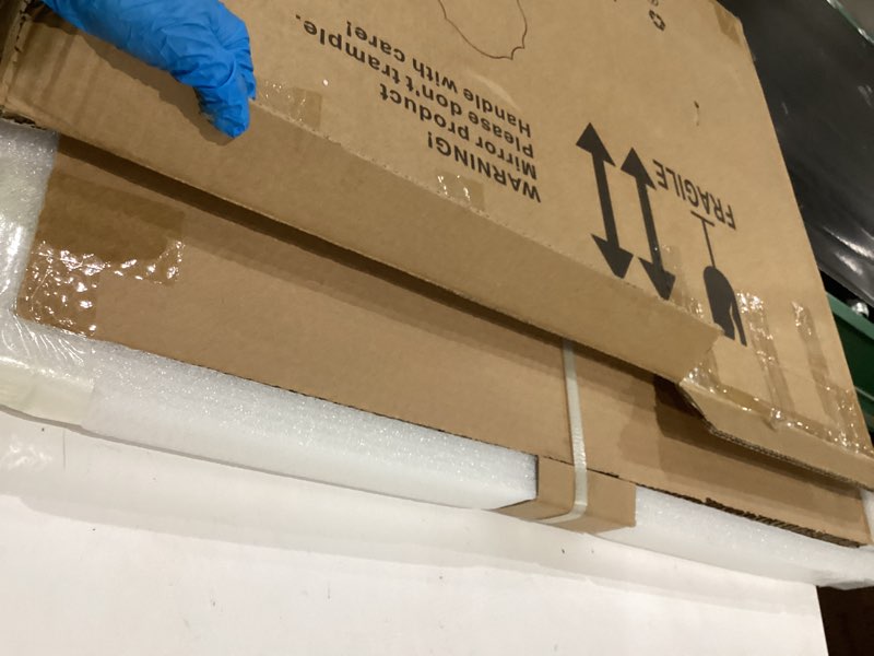 Condition photo showing As Is for muzilife 24x31 frameless oval wall mirror beveled scalloped mirror silver wall mirror with mdf backplane over bathroom sink for vanity, bedroom or any other room in your home oval 24"x31"