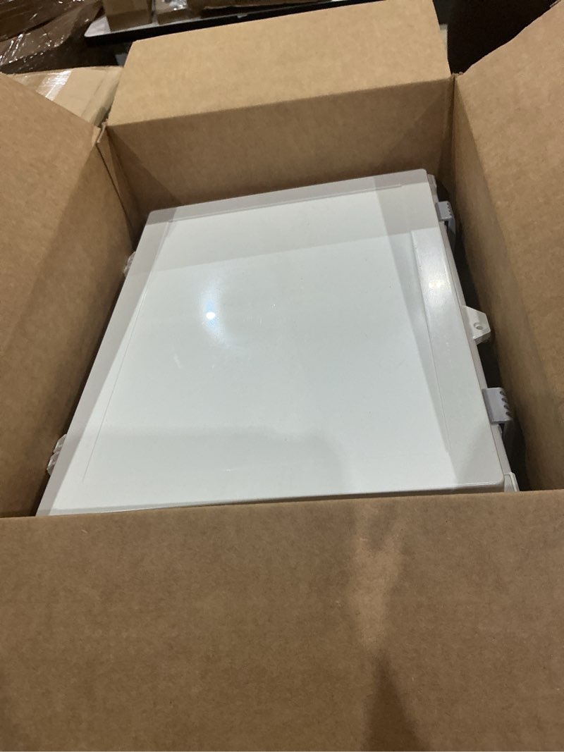 Condition photo showing As Is for namunanee outdoor electrical junction box with high power outlet, abs water resistant enclosure with internal mounting panel & hinged cover. (18.1" h* 12.6" l* 6.3" w & outlet) 18.1"h x 12.6"l x 6.3"w & outlet