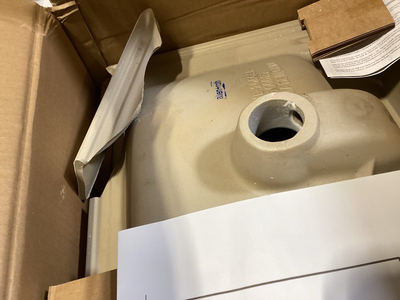 Condition photo showing As Is for allen + roth white vessel rectangular bathroom sink with overflow drain (22.05-in x 16.9-in)