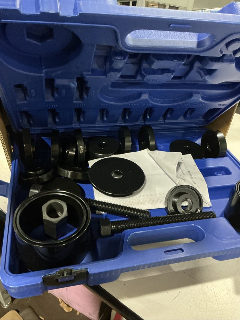 Condition photo showing As Is for omt 38pc wheel bearing press kit, 2-in-1 bearing puller tool set | front wheel bearing removal kit with sliding screws sleeves, 5 t wheel bearing separator puller set with 2" & 3" jaws blue case 38pc wheel bearing press and bearing splitter kit