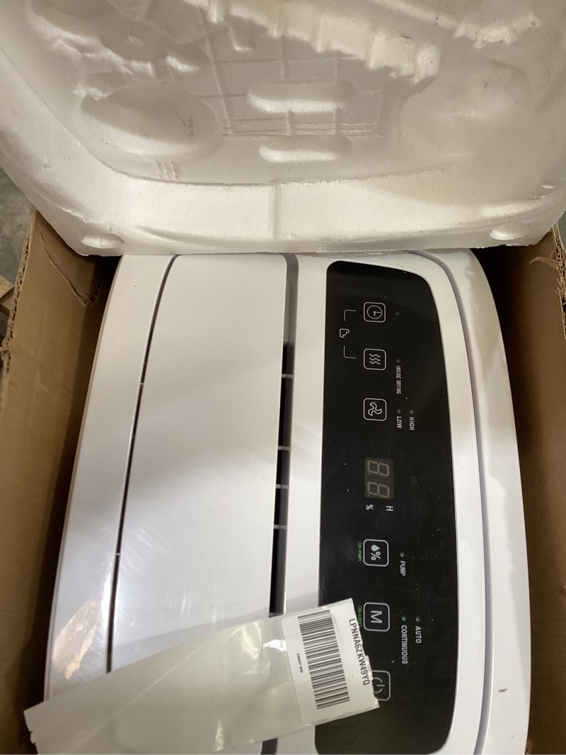 Condition photo showing As Is for waykar 150 pints 2025 energy star dehumidifier with pump for spaces up to 7,000 sq. ft. at commercial and industrial large room, warehouse, home, basement, with drain hose, auto defrost, self-drying white