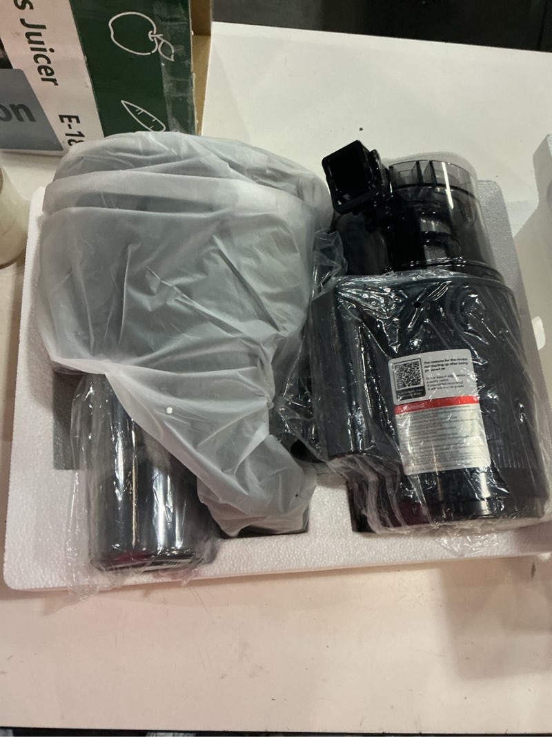 Condition photo showing New/Like New for juicer machines, 3-in-1 cold press juicer with 6.5" extra large chute, 100oz large capacity, ac motor, makes juice, nut milk & sorbet, premium gray