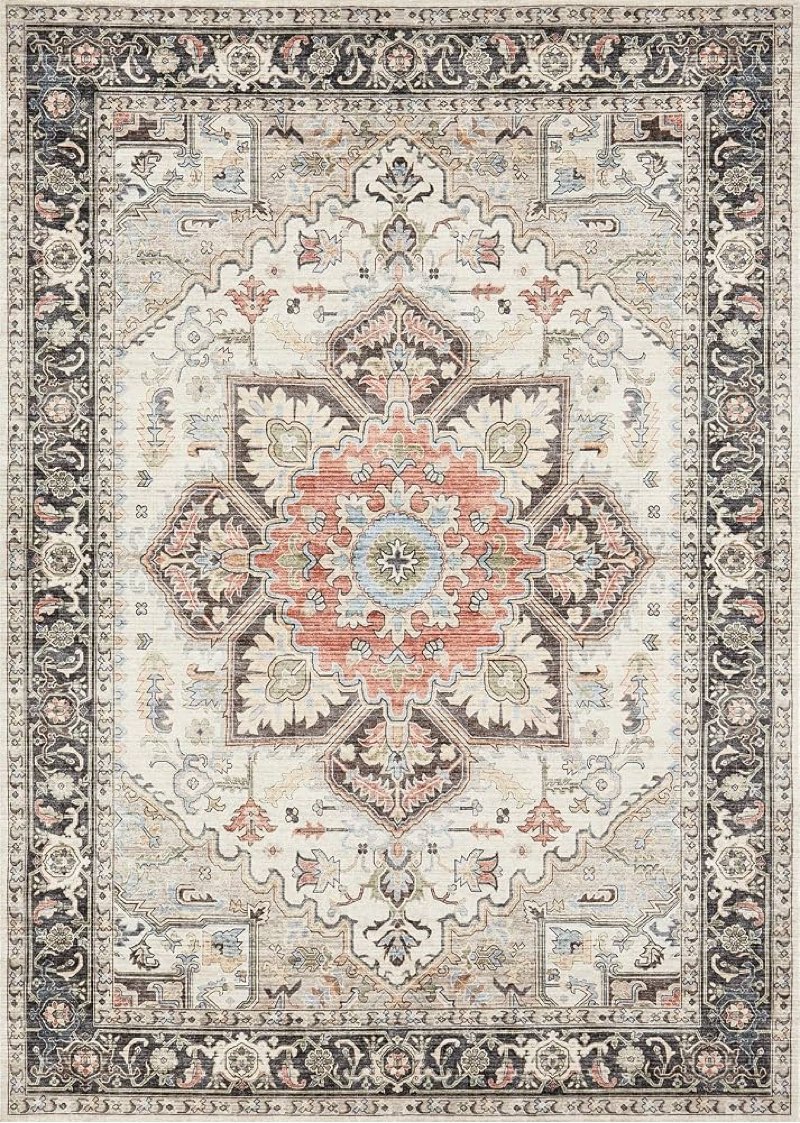 area rug for living room - 8x10 soft machine washable oriental vintage floral distressed large indoor floor carpet for bedroom under dining table home office decor - multi cream oeko tex