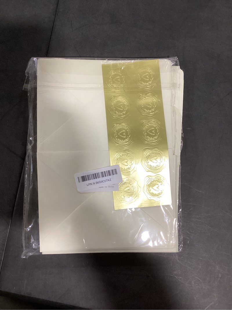 Condition photo showing Good Condition for 50 pack cream a7 envelopes with cards 5x7 thick folded cardstock and gold stickers for greeting cards, wedding, birthday, invitations, baby showers (cream, 5x7) cream 5x7