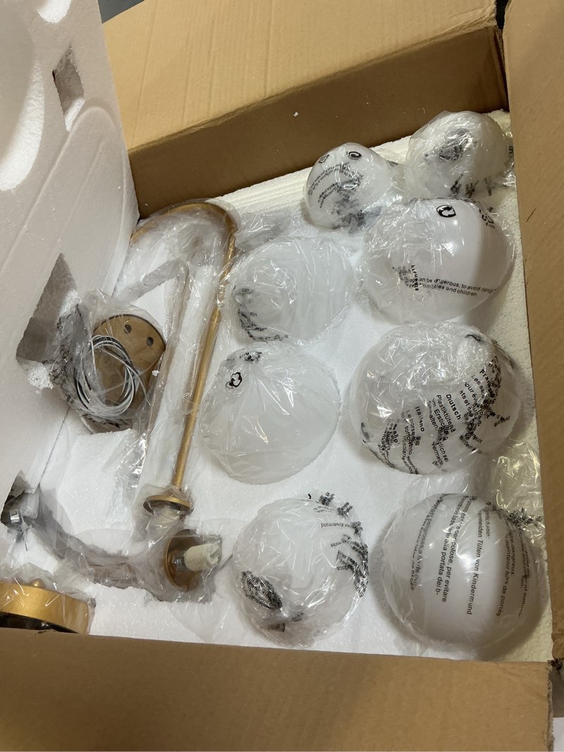 Condition photo showing Good Condition for Modern Gold Sputnik Chandelier 8-Light Mid Century Chandeliers with Milk Glass Globe Shades Luxury Large Pendant Light Fixture for Foyer Dining Room Living Room Staircase Gold Milk Glass 8-Light