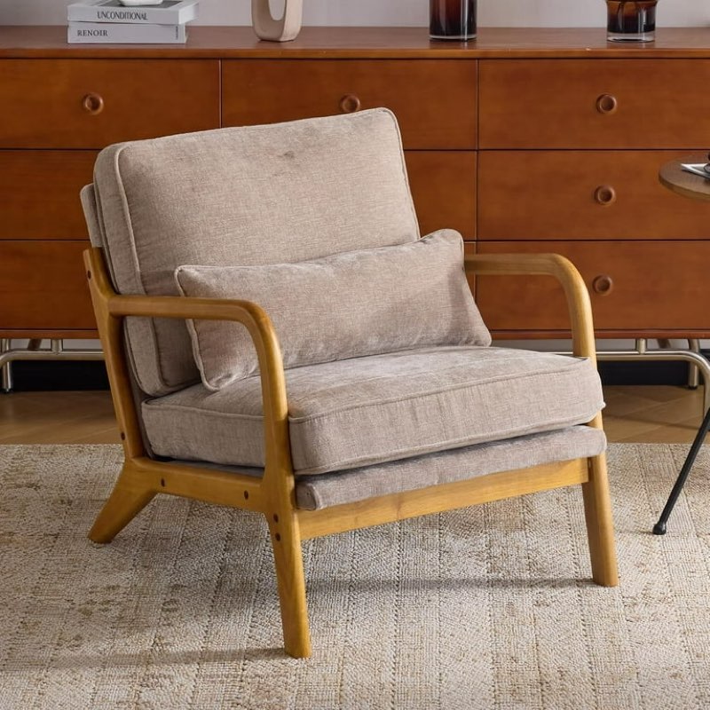 Karl home Mid Century Modern Accent Chair with Lumbar Pillow & Oak Arms – Plush Chenille Living Room