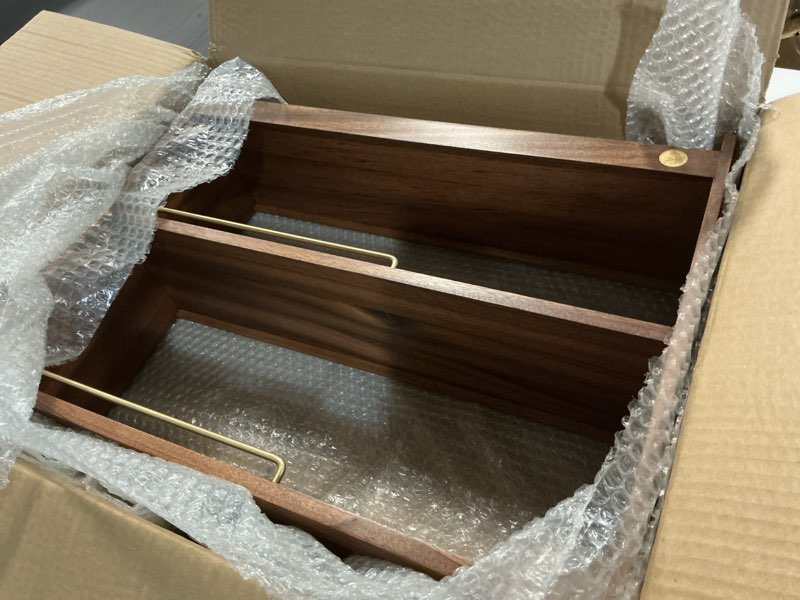Condition photo showing Good Condition for wooden cup holder 3 tier walnut wooden shelf organizer coffee station organizer for kitchen home 3-layer wide walnut wood