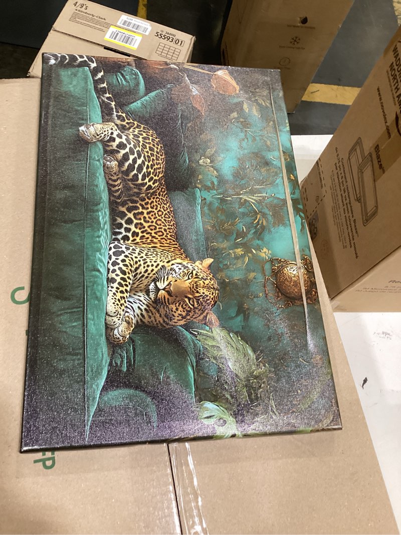 Condition photo showing As Is for mudket vintage leopard canvas wall art, cool posters prints framed ready to hang, emerald green sofa cheetah pictures for living room office library study wall decor - 18" l x 12" w style 02 18"l x 12"w