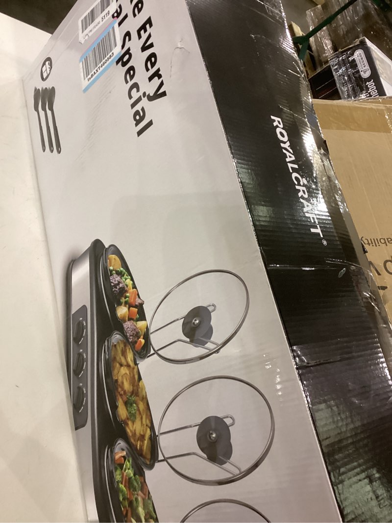 Condition photo showing Good Condition for Sunvivi Slow Cooker with 10 Cooking Liners, Triple Slow Cooker Buffet Server 3 Pot Food Warmer for Parties with 3 Spoons ? Lid Rests,Adjustable Temp, 3 * 1.5 Quarts Silver Silver/Black - Triple 1.5QT