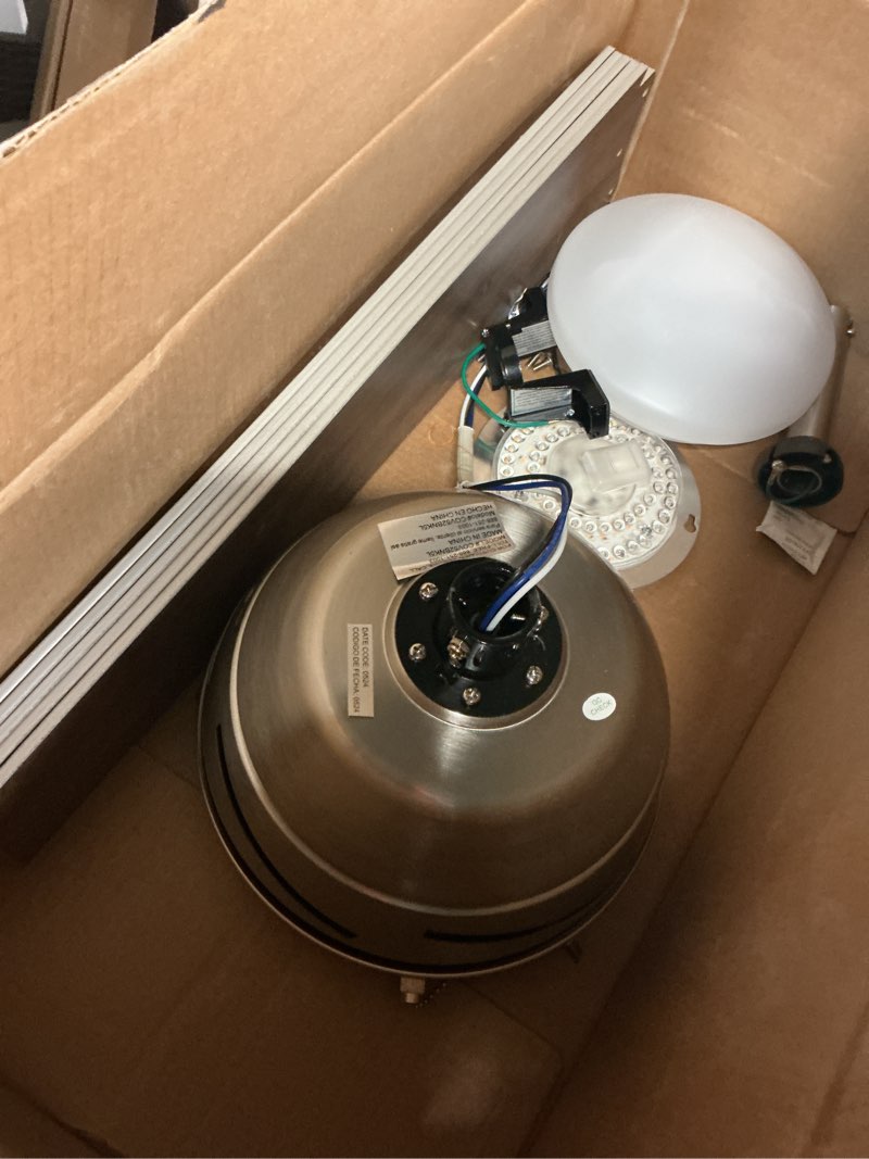 Condition photo showing As Is for harbor breeze amberwood 52-in brushed nickel with walnut/silver blades color-changing integrated led indoor ceiling fan with light (5-blade)