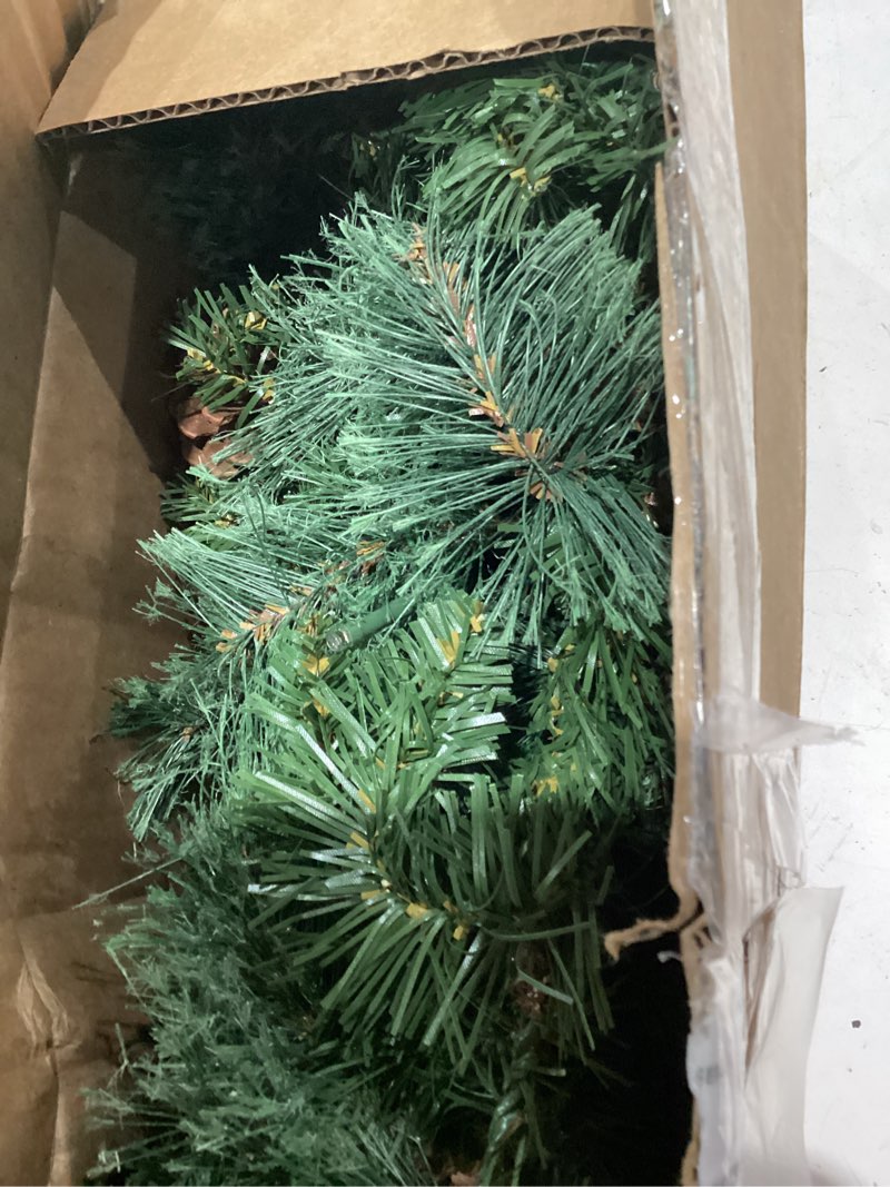 Condition photo showing As Is for nearly natural 6ft white mountain pine artificial garland with 35 warm white led lights and pinecones, includes battery box