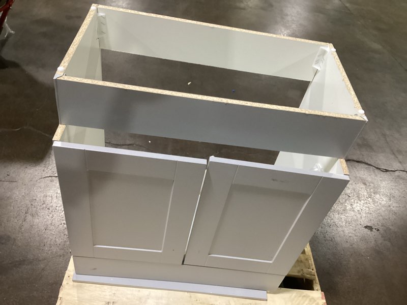 Condition photo showing As Is for reliabilt cloudy gray shaker cabinet